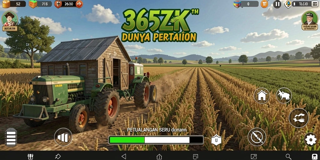 Screenshot 365ZK menampilkan pemain yang sedang bertani di ladang hijau.