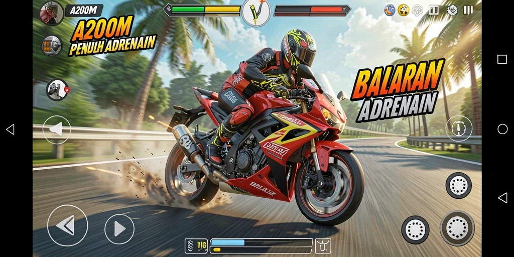 Tampilan gameplay A200M dengan balapan motor seru dan intens.