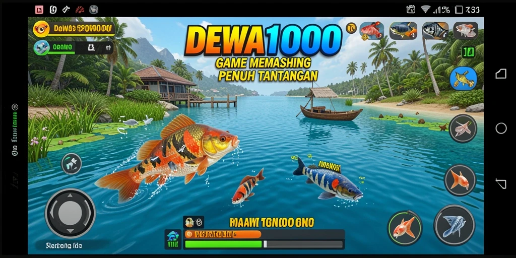 Tampilan gameplay DEWA1000 saat memancing di lokasi indah.