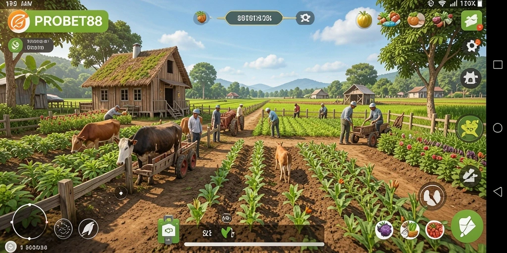 Screenshot gameplay <strong>PROBET88</strong> menampilkan kebun yang subur dan interaksi dengan hewan.