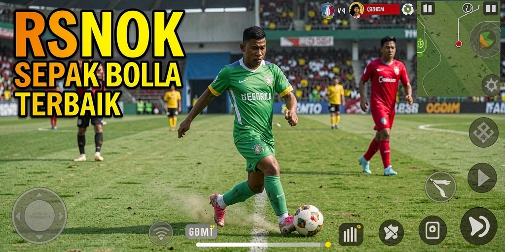 Tangkapan layar utama RSNOK menampilkan aksi permainan sepak bola yang intens.