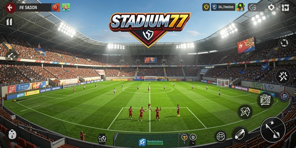 Tampilan gameplay STADIUM77 dengan stadion dan pengaturan acara yang menarik.